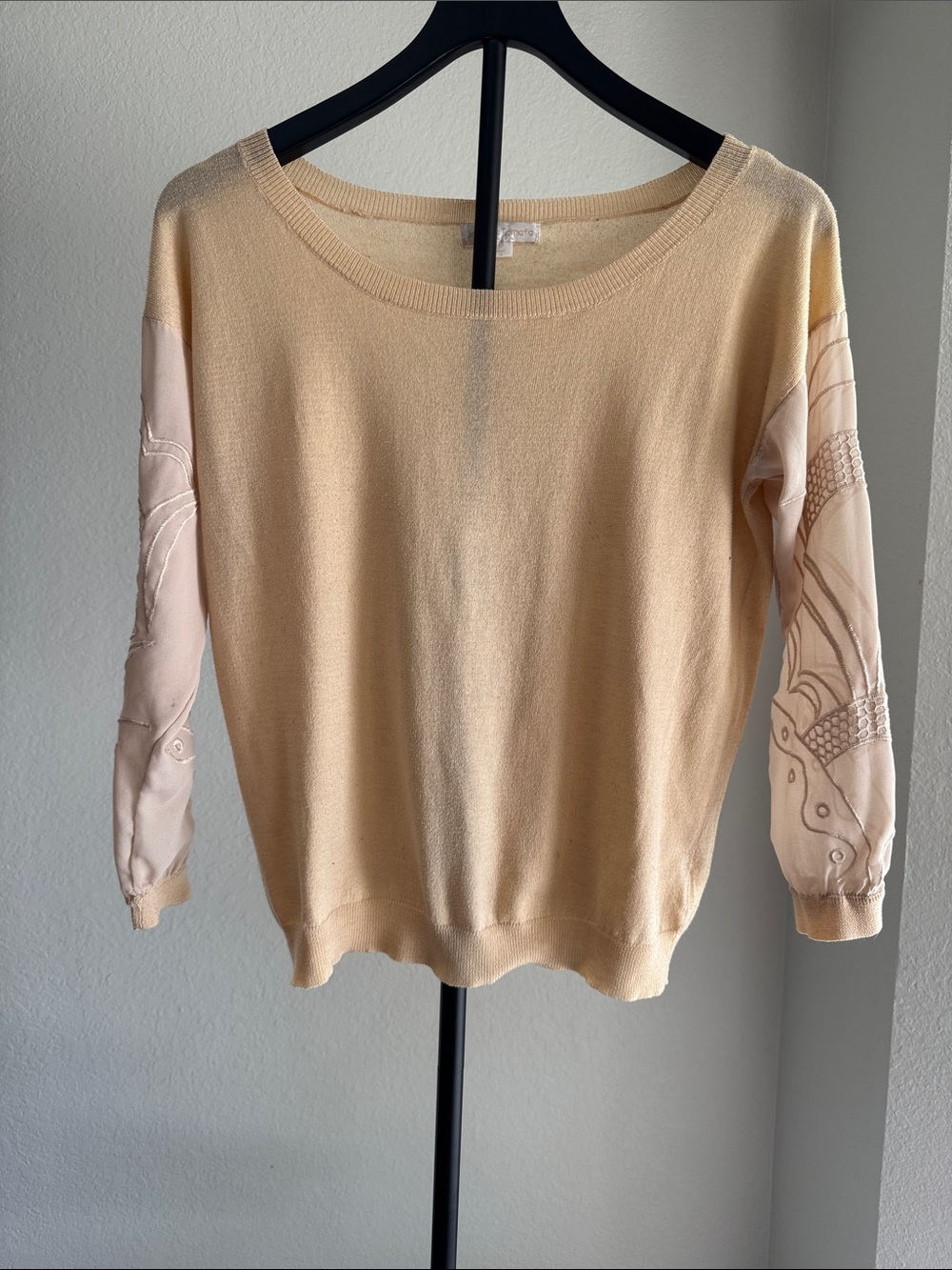 Jealous Tomato Peach Crewneck Sweater with Embroidered Sheer Sleeves